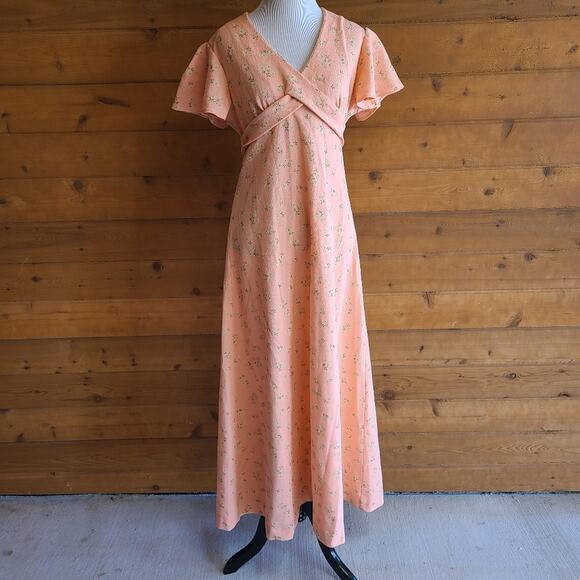 Vintage Dresses & Skirts - Vintage 70's Dress Peach Floral Prairie Cottagecore Flower JCP Fall Boho Maxi